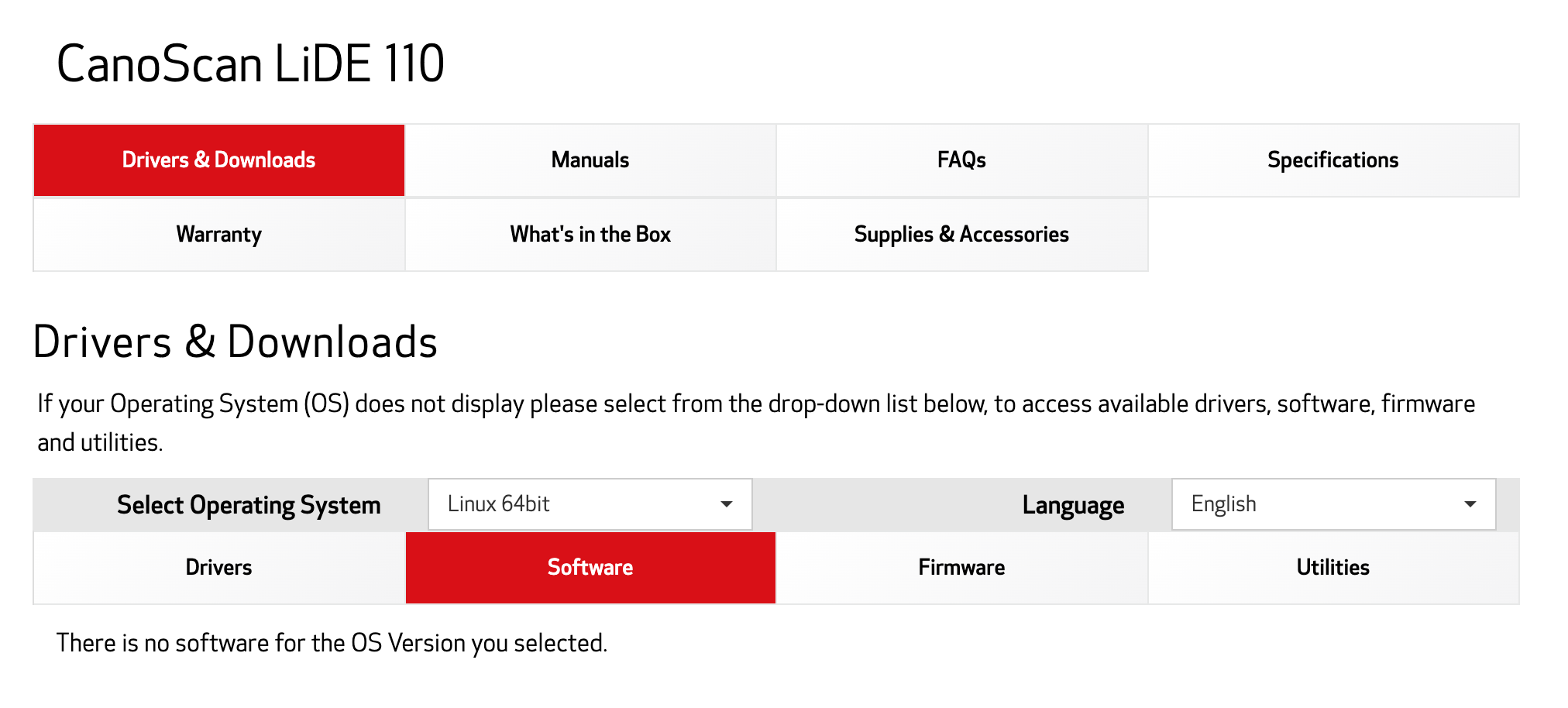 Screenshot of Canon's website showing that they don't have Linux software for the LiDE 110