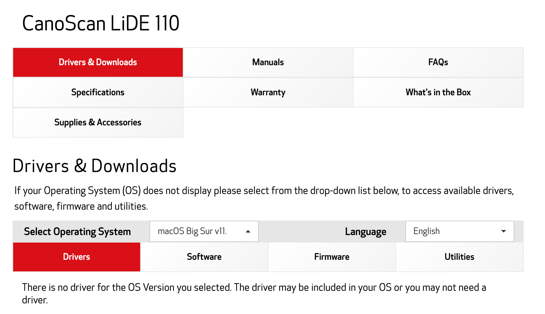 Screenshot of Canon's website showing that they don't have macOS software for the LiDE 110