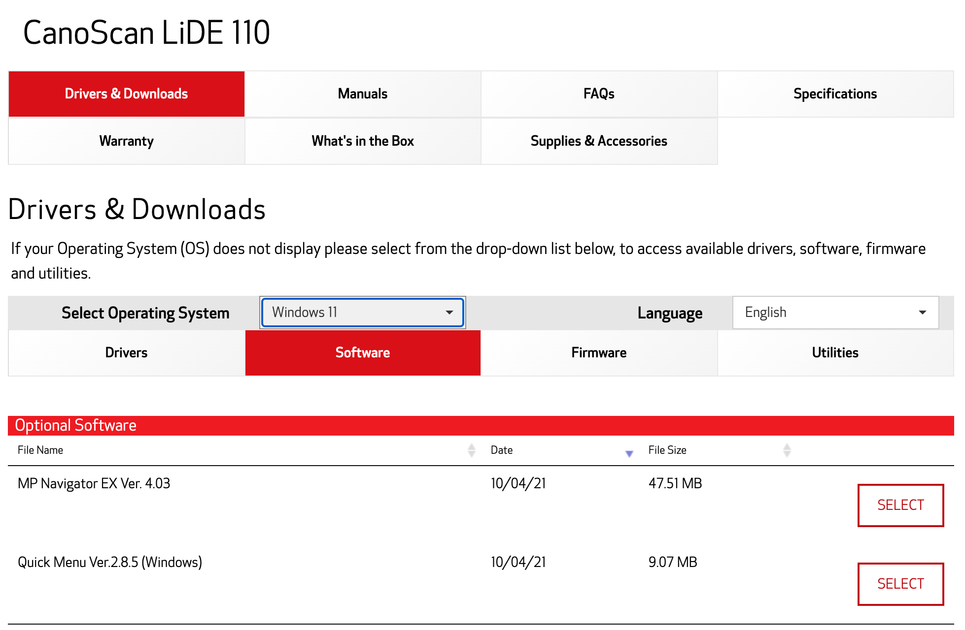 Screenshot of Canon's website showing that they do have Windows software for the LiDE 110