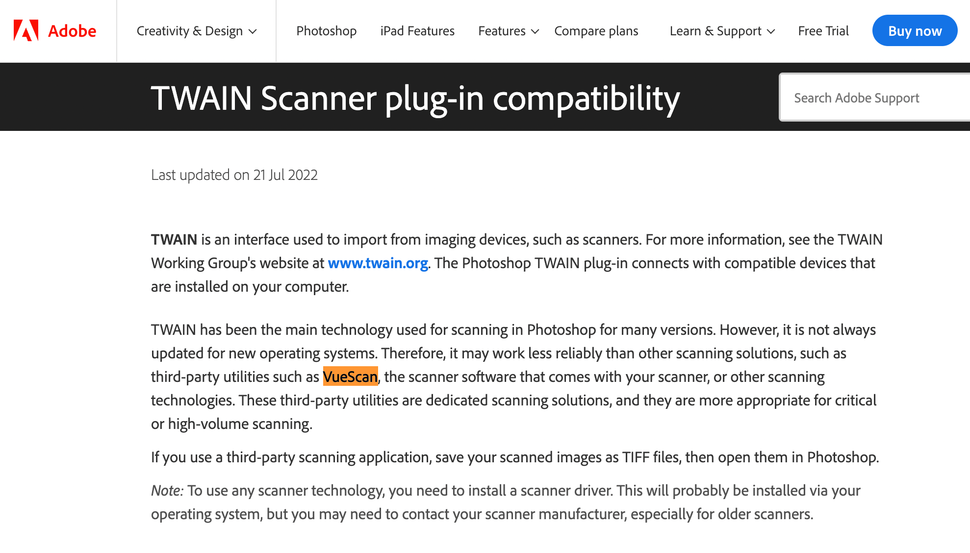 Screenshot of Adobe Photoshop website recommending VueScan