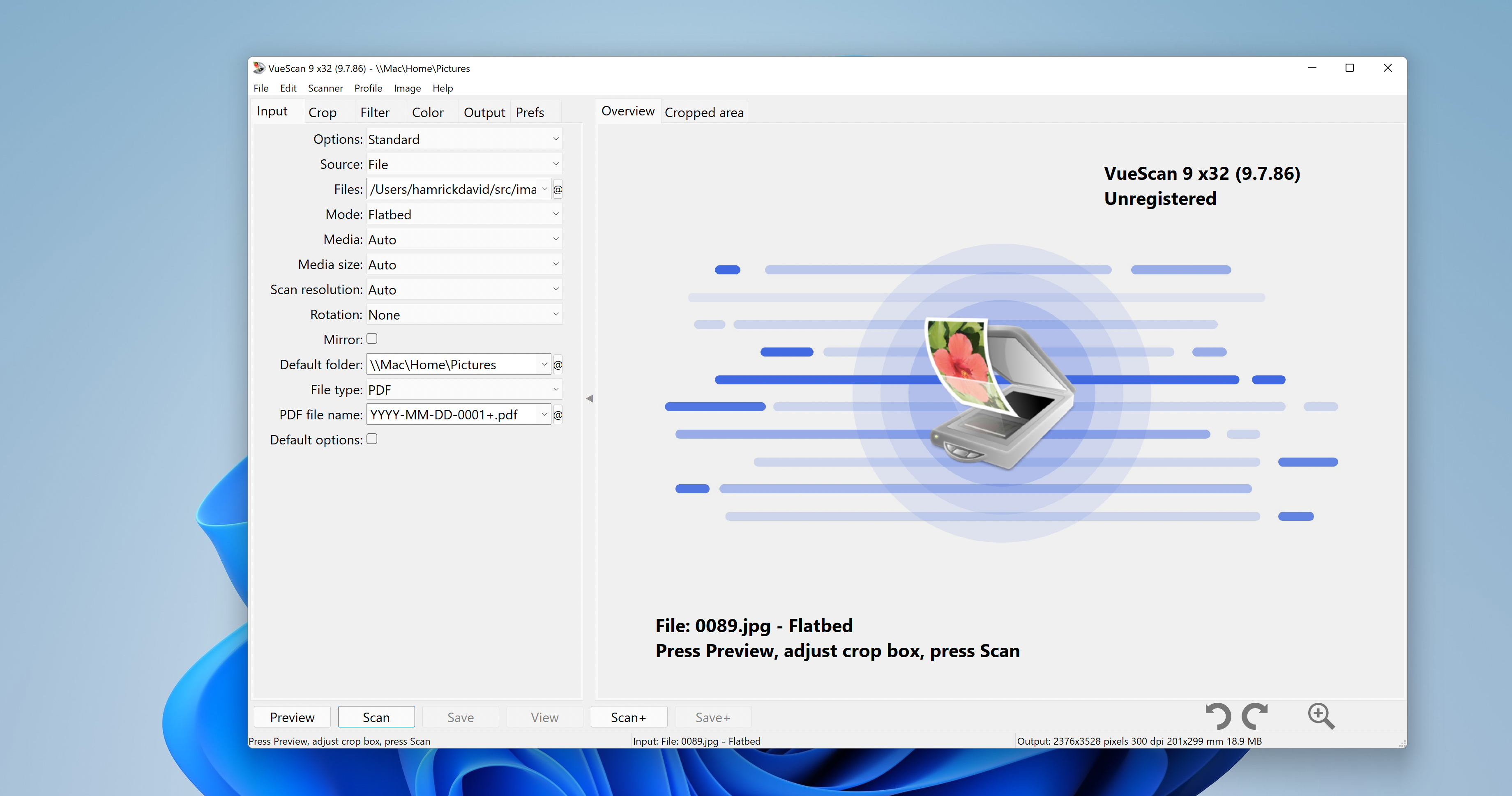 Screenshot of VueScan Scanner Software running on Windows 10